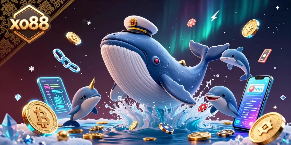 Immerse in xo88 with a vibrant 3D cartoon scene of a whale and friends betting joyfully among gold coins.