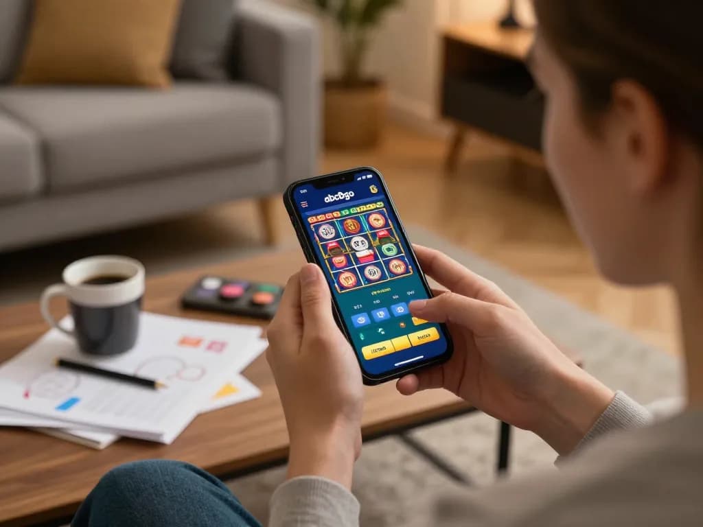 Engaging mobile gameplay on abc8go app in cozy home environment, showing player interaction with vibrant casino elements.