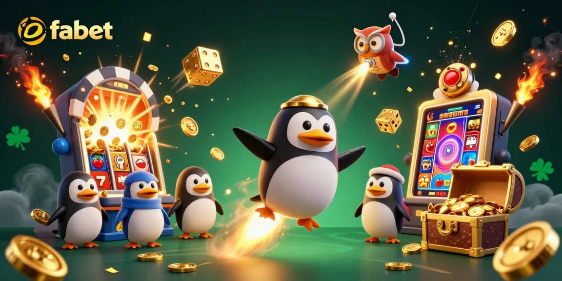 Win big with fabet as a golden penguin flies to a massive slot machine explosion