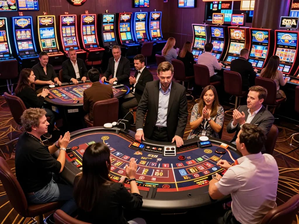 Players engaging in exciting games at 58wiin casino floor amid festive atmosphere