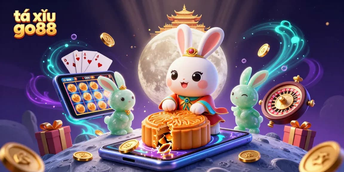 Engage with tài xỉu go88 through a vivid 3D illustration of folklore characters, gaming elements, and casino themes.