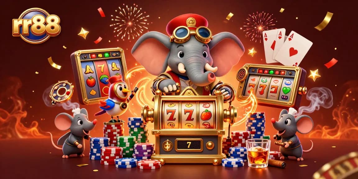 rr88 players winning with vibrant slot reels and celebrating confetti in an exciting 3D casino scene
