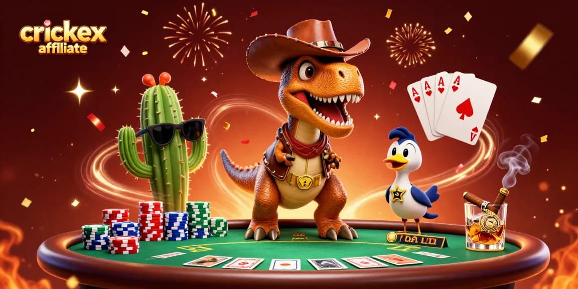 Engage in thrilling action with crickex affiliate at vibrant casino illustration featuring T-Rex and poker elements.
