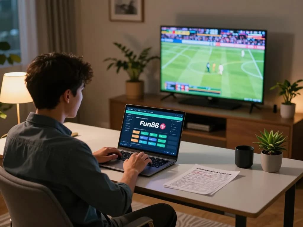 Engaging betting moment on fun88 app during home gaming session with live sports background