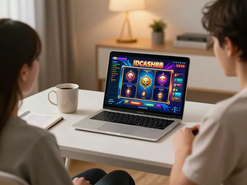 Engaging in IDCASH88 Slot gameplay at home, showcasing a cozy setup with laptop and strategy notes.