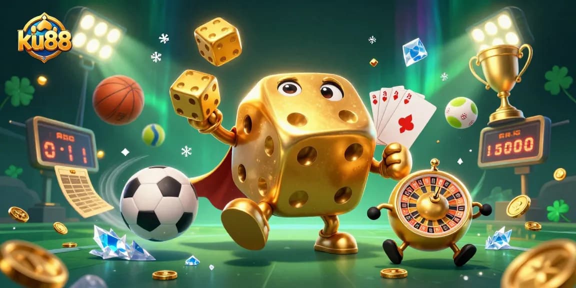 Engage with ku88 through vibrant casino-themed art, showcasing a lively scene of games and betting excitement.