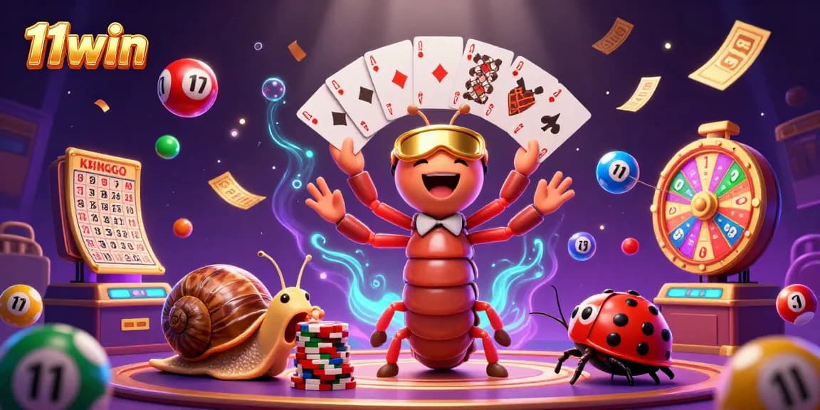 Engage with the vibrant excitement at 11win's casino featuring a cartoon millipede dealer and high-roller snail.