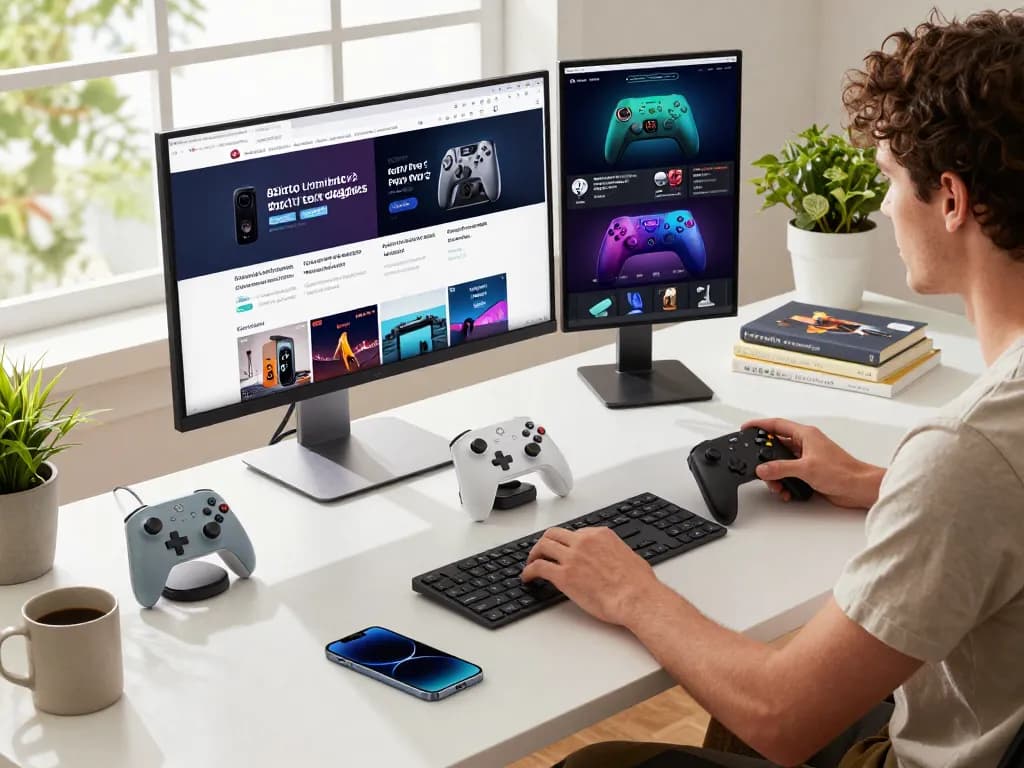 Explore top 10 tech gadgets 2086 in a modern workspace with Bluetooth devices, organized tech accessories, and vibrant atmosphere.
