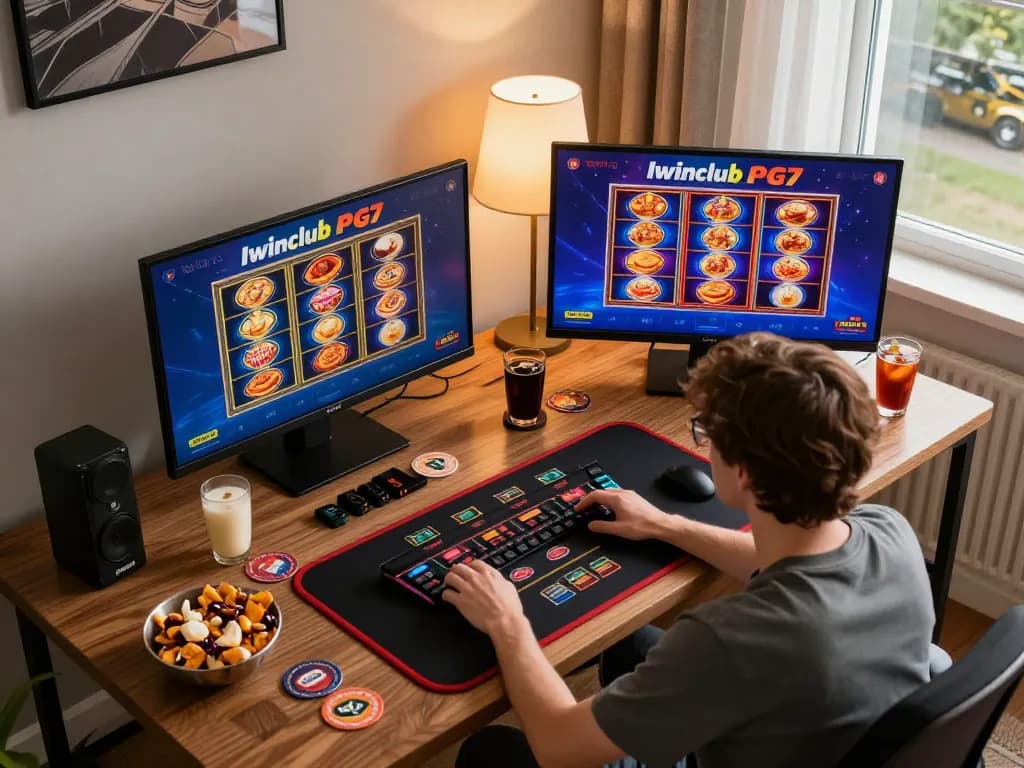 Iwinclub PG7 player strategizing during an exciting online casino session with multiple screens.