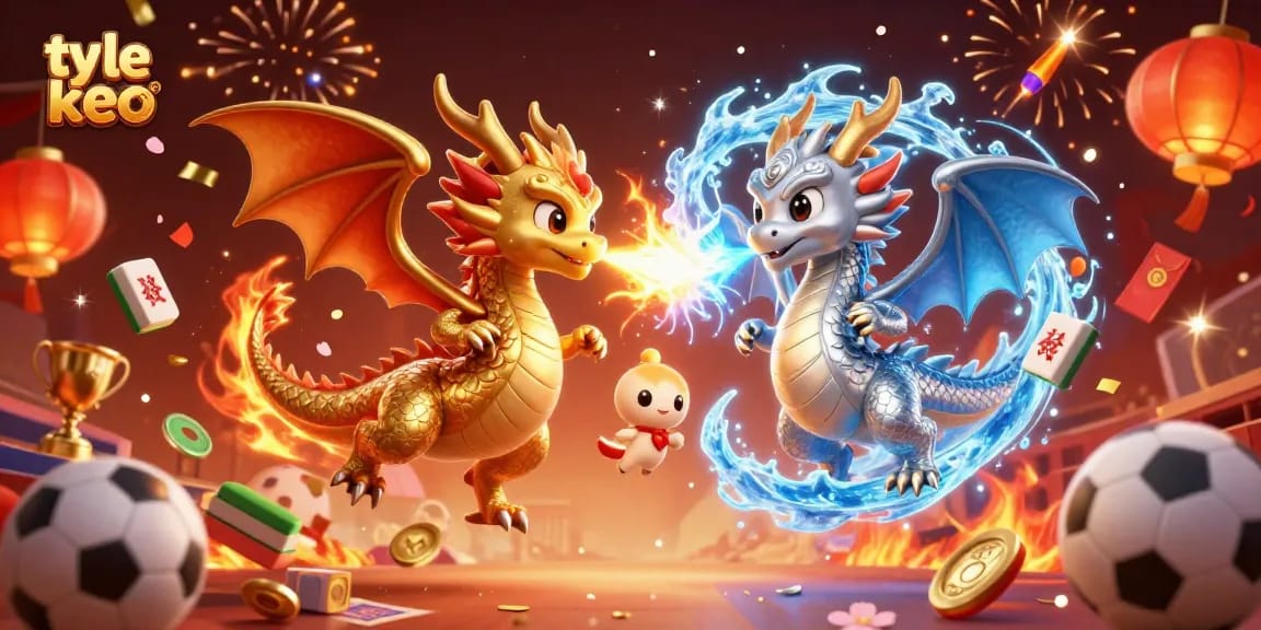 Experience the excitement of ty le keo with this dynamic illustration of dragons and sports elements.