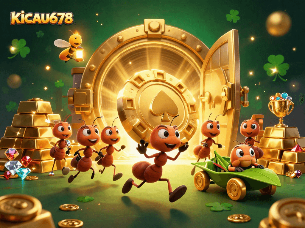 KICAU678 showcases a heist scene with cartoon ants, a poker chip, and vibrant casino treasures.
