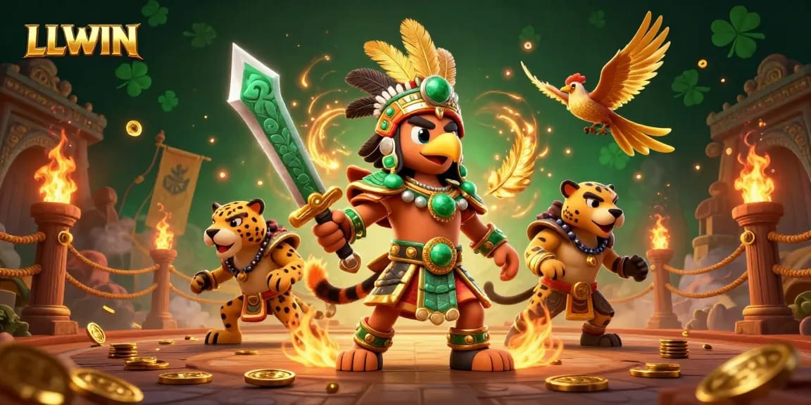 LLWIN showcases an exciting battle scene with Aztec warriors amidst swirling golden elements