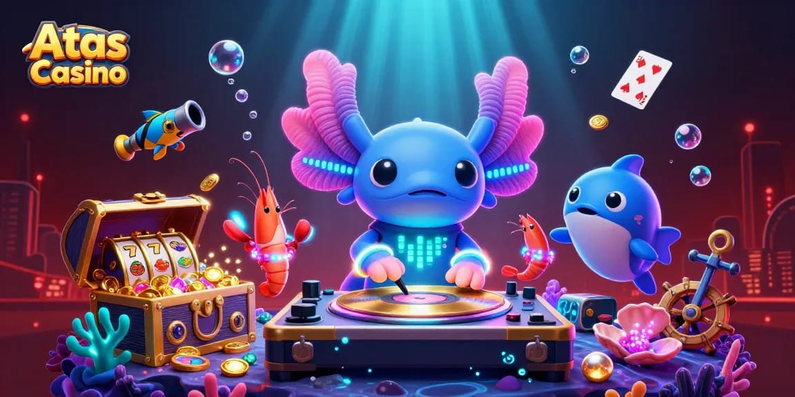 Engage with Atas Casino's vibrant underwater scene featuring energetic characters and slot games.