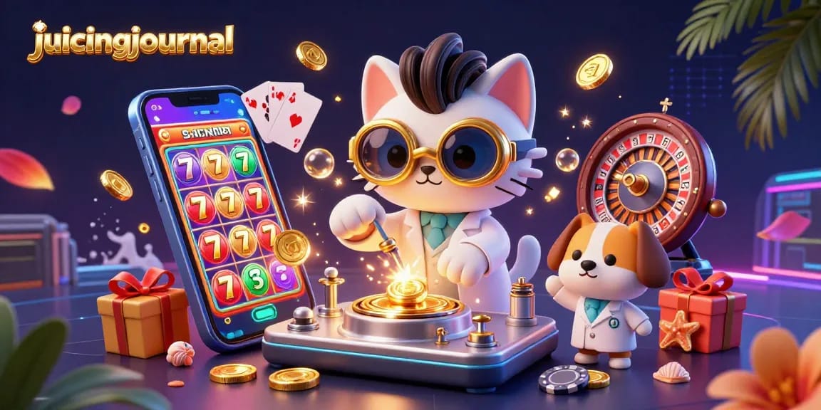 Engage with juicingjournal's exciting slot game visuals and playful characters in a vibrant casino scene.