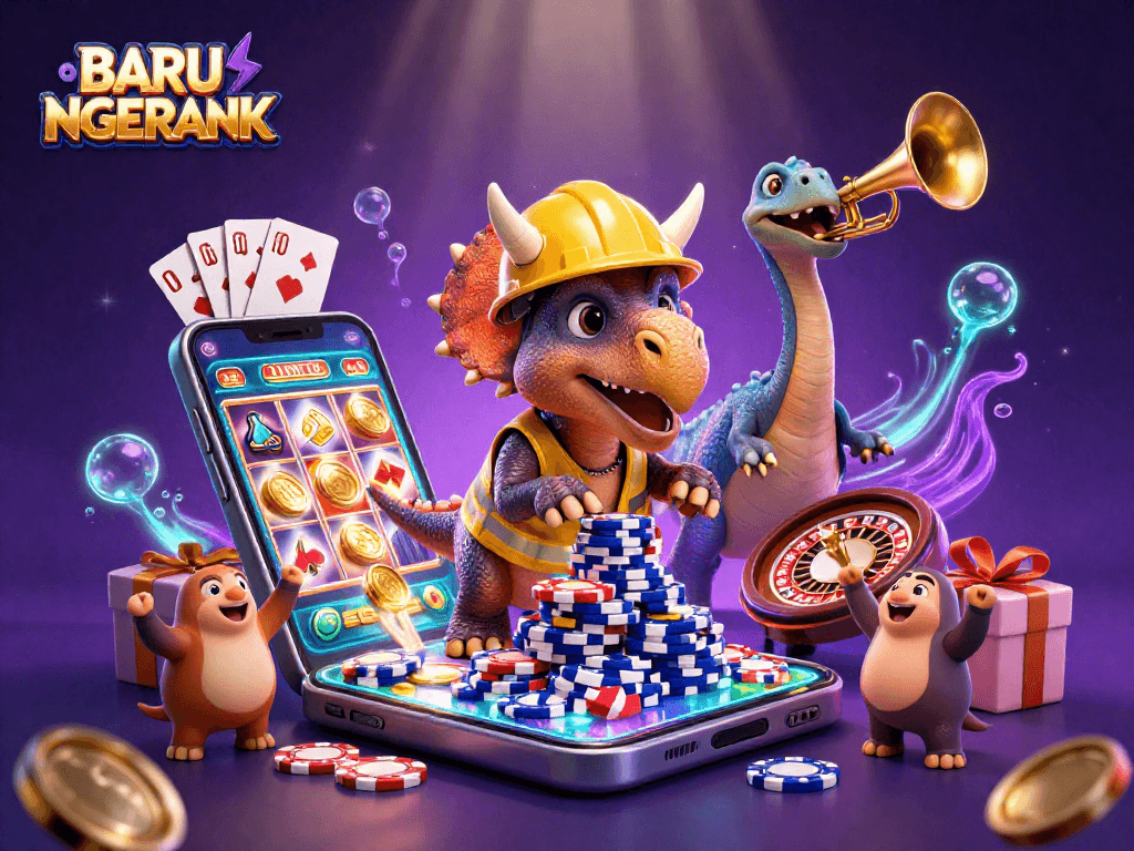 Play winning slot games at BARU NGERANK as a triceratops builds poker chip towers in vibrant 3D.