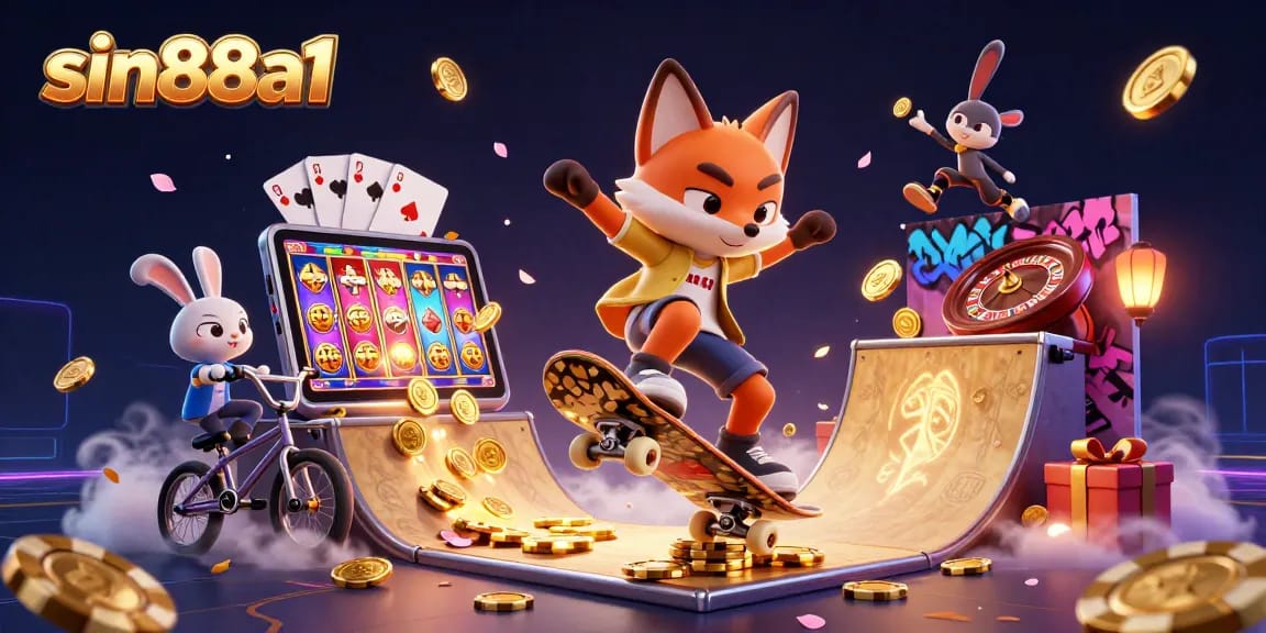 Experience thrilling wins with sin88a1 in a vibrant casino-themed 3D illustration filled with playful characters.