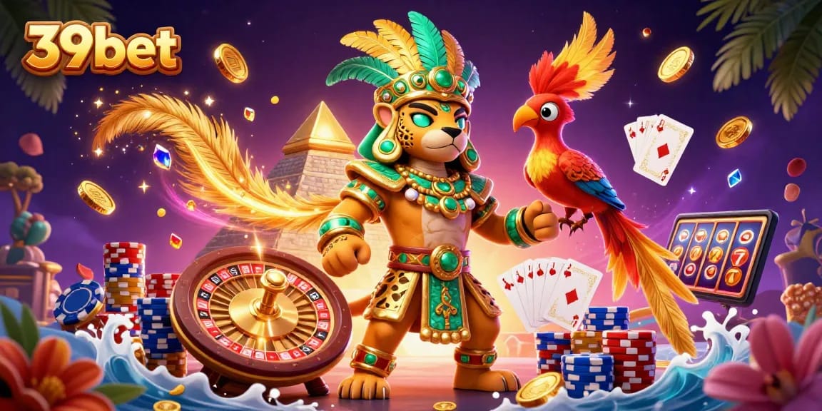 Win big with 39bet in a vibrant 3D casino scene featuring a Mayan priest, golden coins, and exciting game elements.