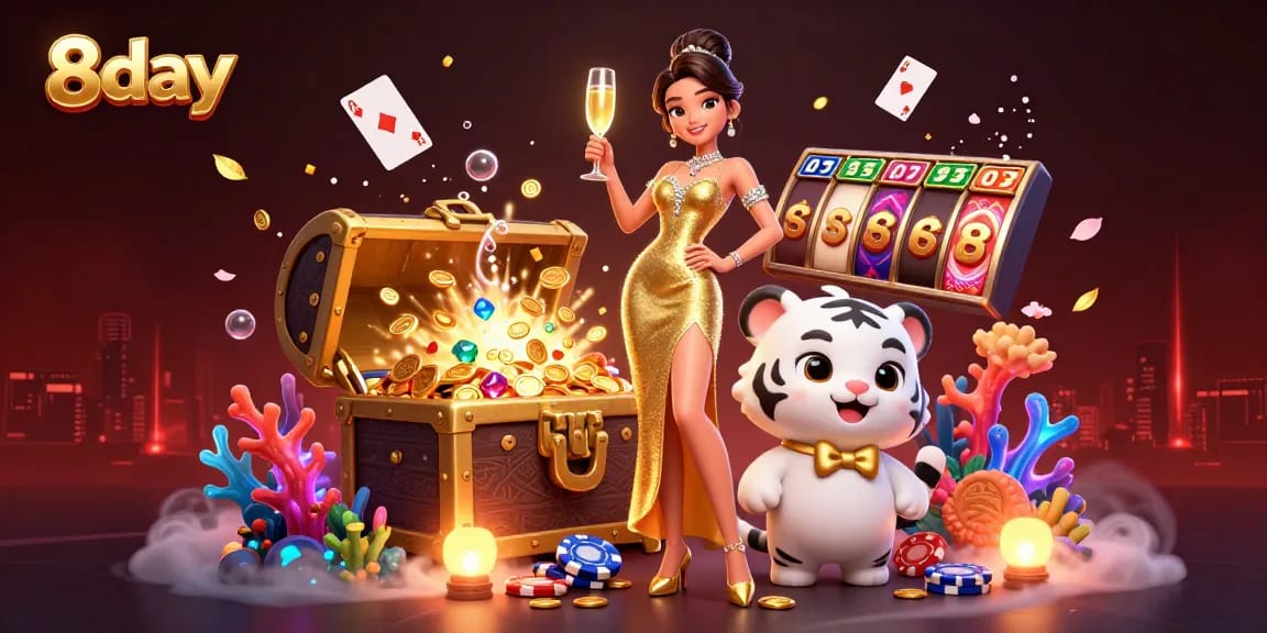 Win big with 8day's vibrant casino action featuring a glamorous woman and a lucky tiger.