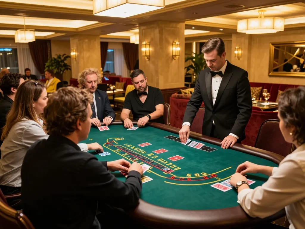 Le Creusot Hôtel features an exciting blackjack scene with players engaged and a professional dealer.