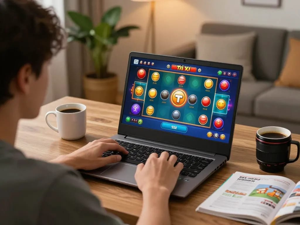 Tai Xiu Online 8 showcases engaging online gameplay on a laptop in a cozy home setting.