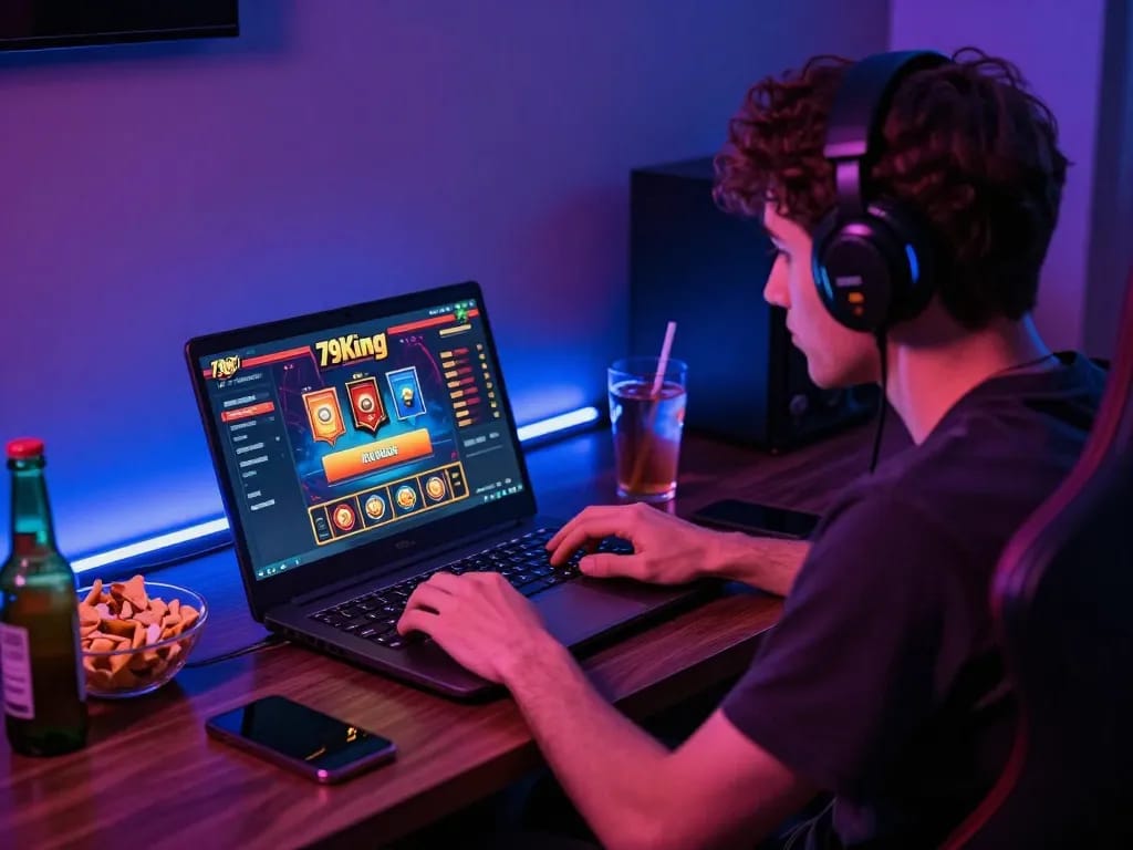 Gamer engaging with the 79king casino interface in a cozy gaming setup, showcasing online entertainment.