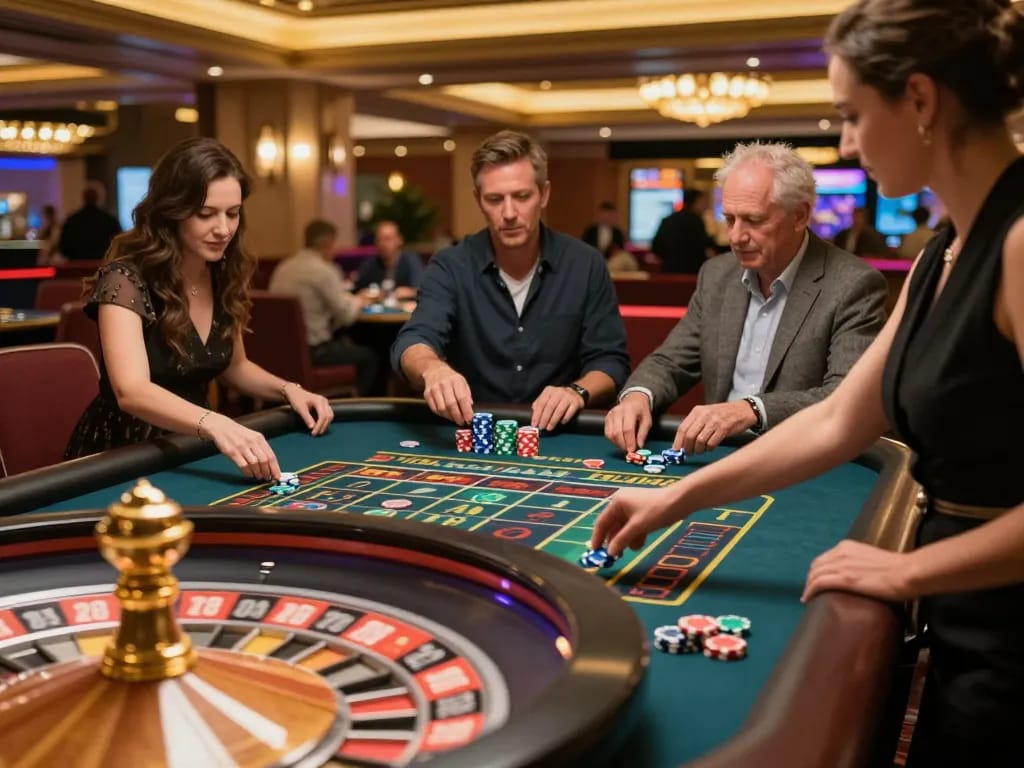 weddingshopworld players excitedly placing bets at a roulette table in a lively casino atmosphere