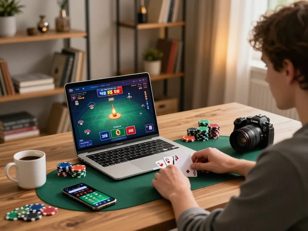 Engaging in strategic poker gameplay with maxpoker88 on a sleek laptop in a cozy home office environment.