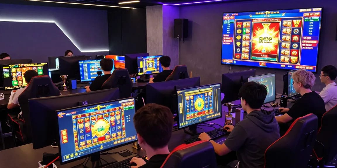 Players enjoying Link Slot Gacor Kartupoker with vibrant slot game displays and a lively gaming atmosphere.