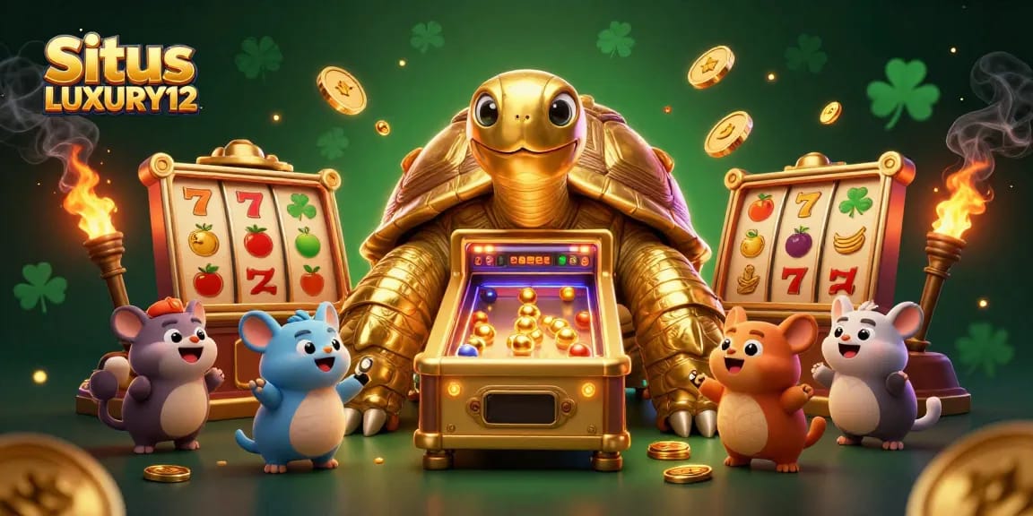 Situs LUXURY12 offers an exciting gaming experience with glowing slot reels and playful characters.