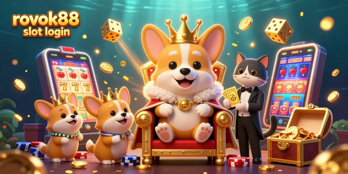 Experience thrilling gameplay with rokok88 slot login as a royal corgi commands a vibrant casino scene.