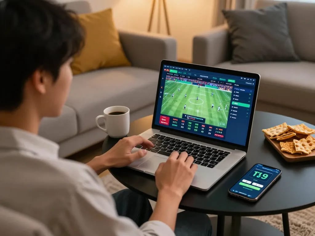 Engaged player placing bets on tylekeonhacai88's live sports betting platform from a cozy home setup