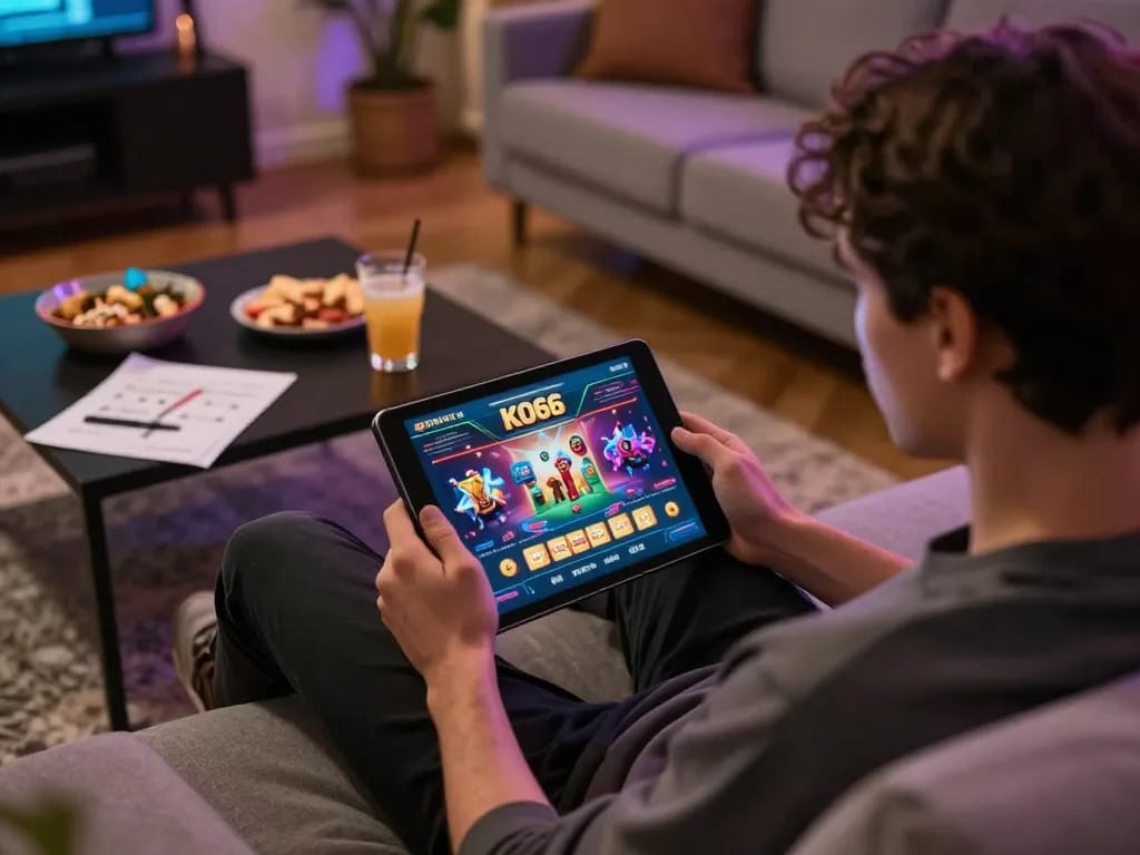 Người chơi đắm mình trong ứng dụng casino KO66 trên máy tính bảng để chơi game trực tuyến, thiết lập không gian ấm cúng tại nhà.
