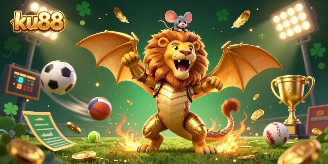 Experience thrilling sports action with ku88 in this vibrant 3D illustration showcasing a roaring chimera and dynamic sports elements.
