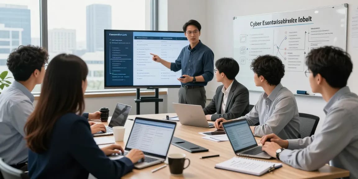Team reviewing the cyber essentials checklist in a dynamic cybersecurity office setting.