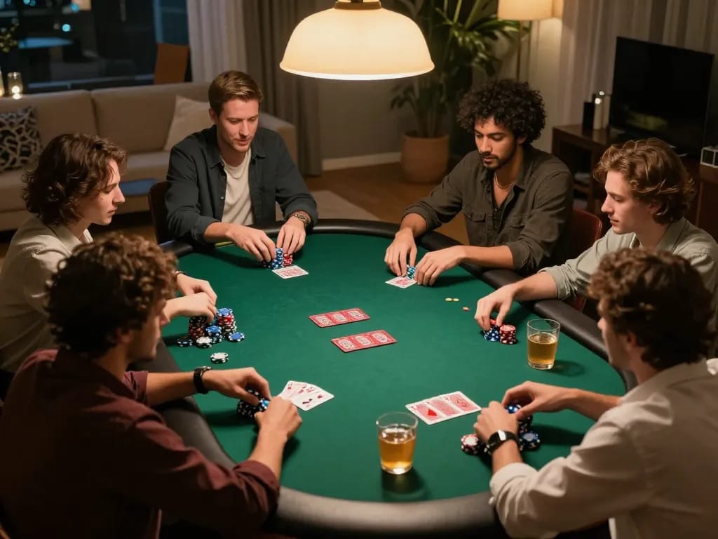 Thương hiệu Bet88 showcased in a lively home poker game atmosphere with friends strategizing and enjoying the experience.