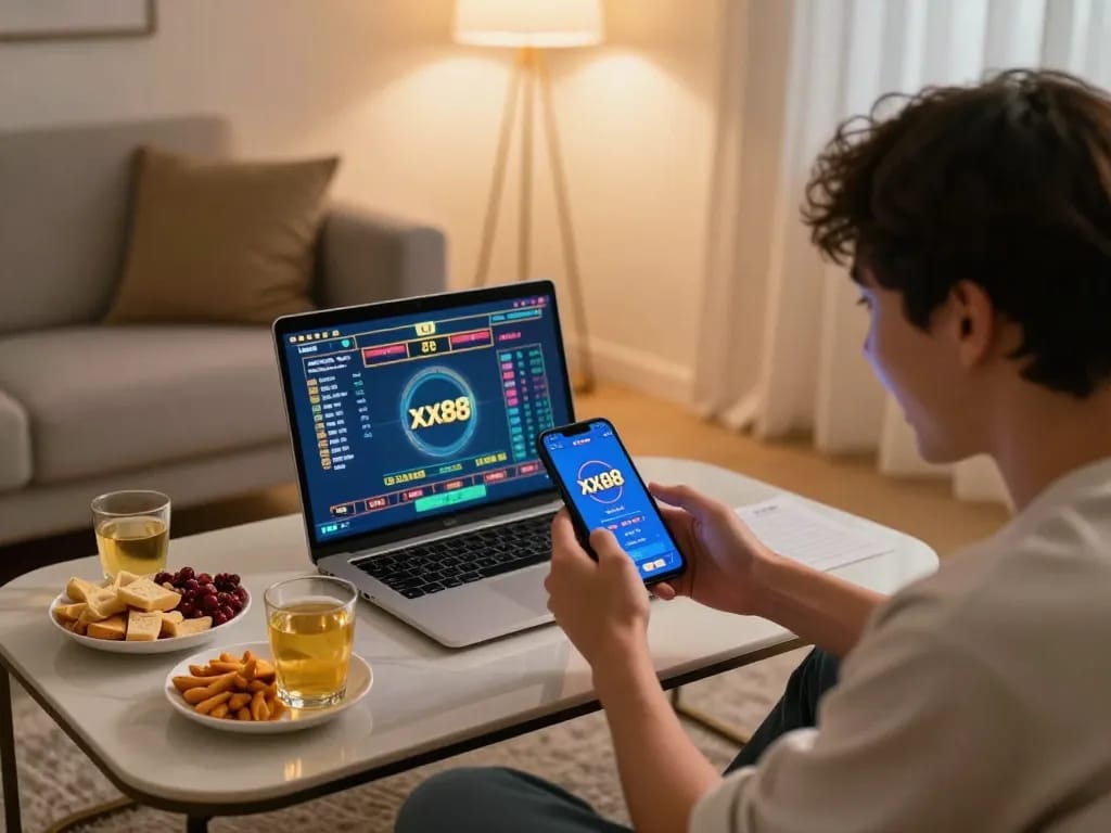Player engaging with xx88 mobile casino app in a cozy home setting, showcasing strategic gameplay and online entertainment