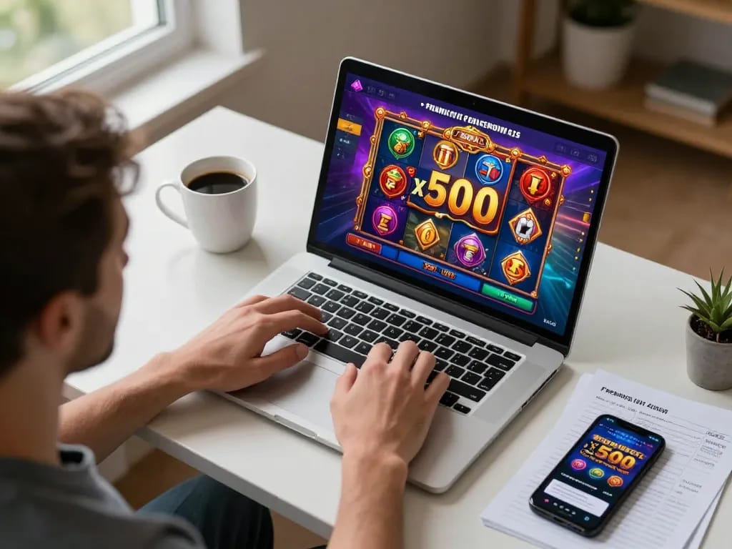 Player enjoying Pragmatic Play Demo x500 slot game on a sleek laptop in a cozy home office setting.