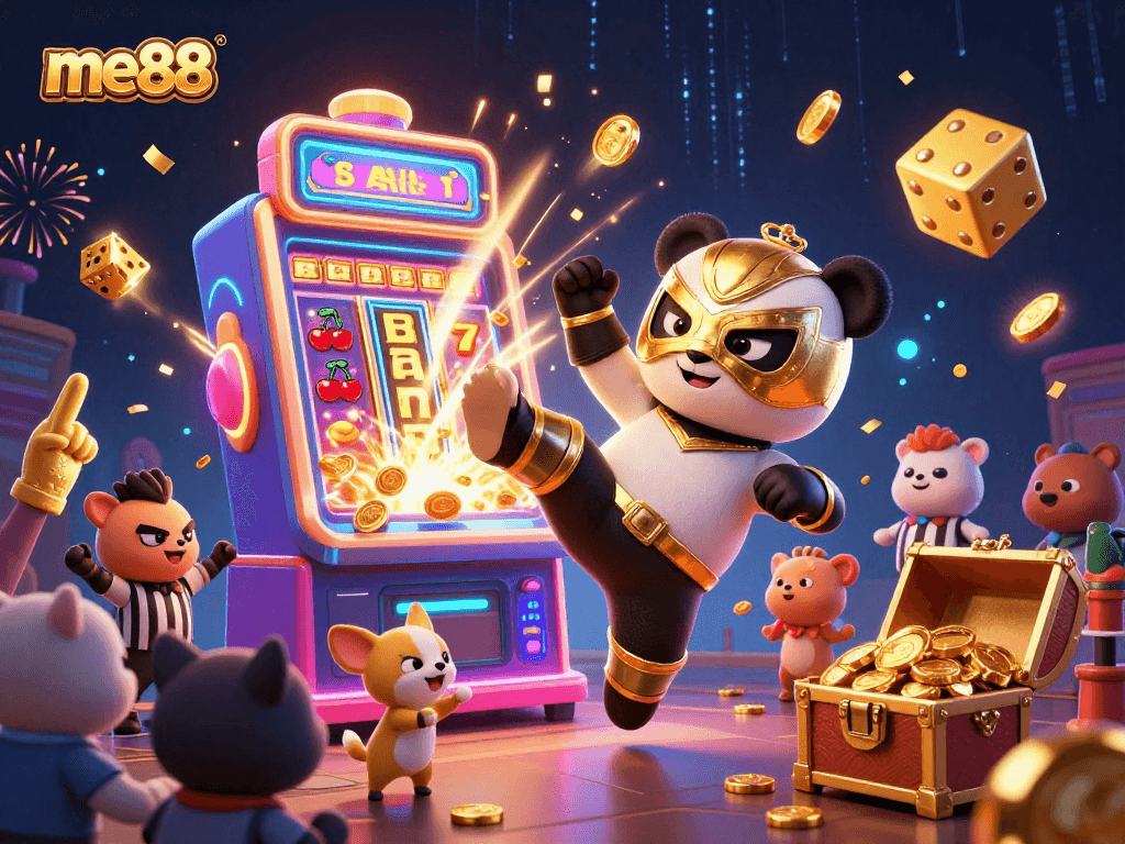 Engage with me88's vibrant 3D casino-themed illustration featuring a panda wrestler, dynamic slot machines, and festive animal spectators.