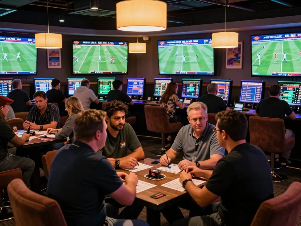 Tỷ lệ kèo nhà cái 5 displayed on screens in a bustling sports betting lounge, with excited patrons analyzing bets.
