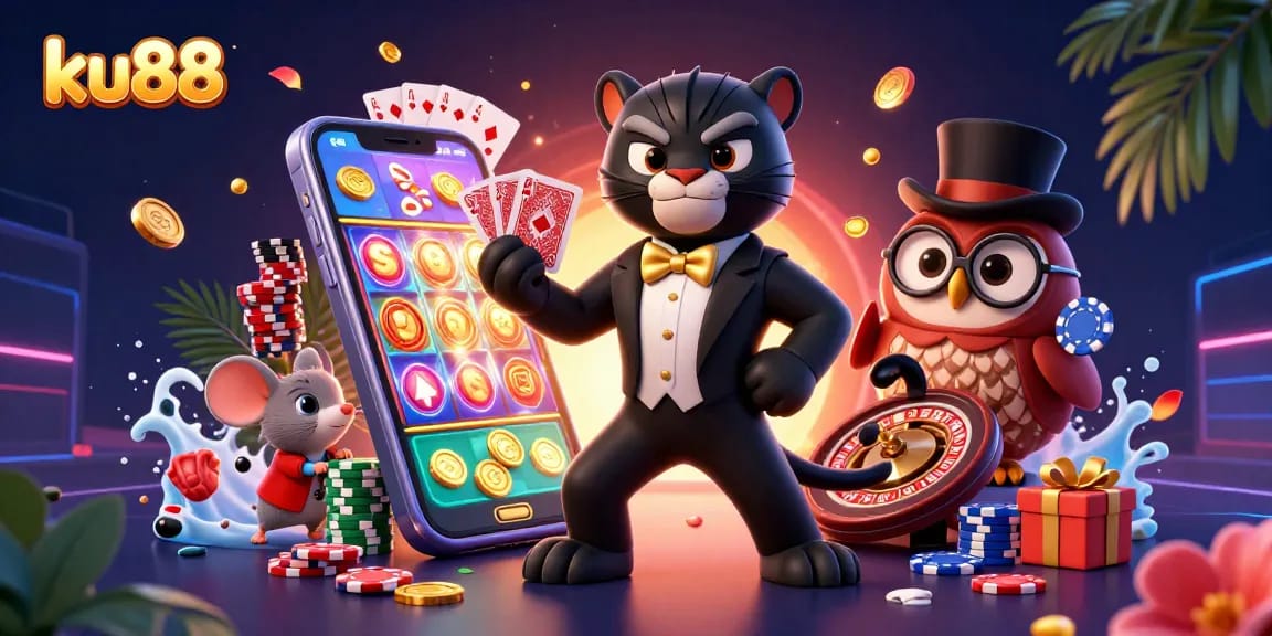 Engaging ku88 image of a cartoon panther dealing cards with an owl and mouse in a vibrant casino scene.