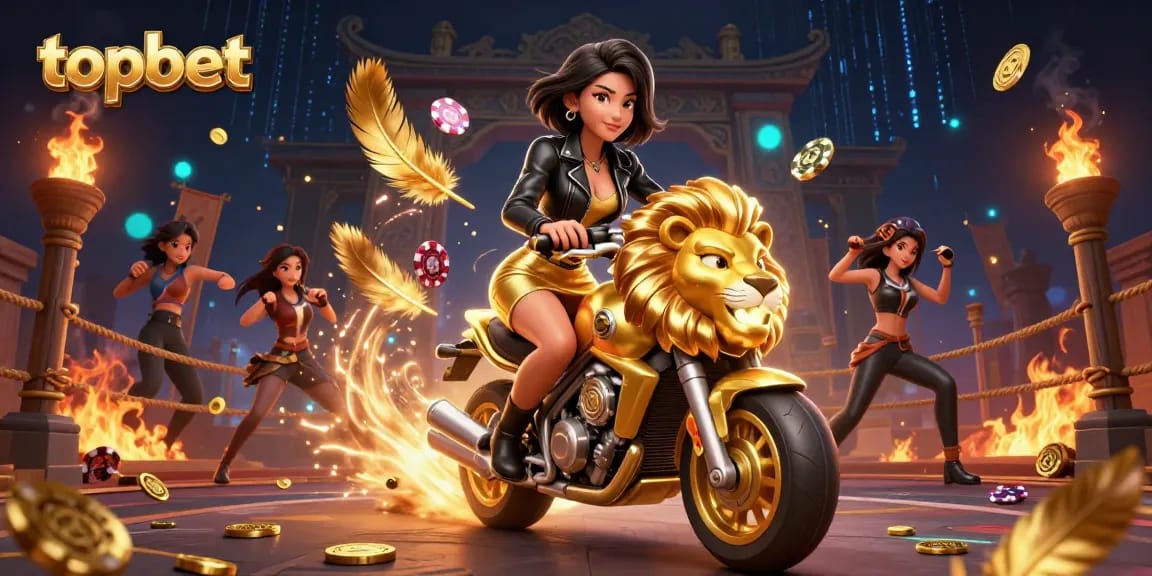Engage with topbet's gaming adventures, featuring a glamorous Asian woman riding a lion mascot amidst casino elements.