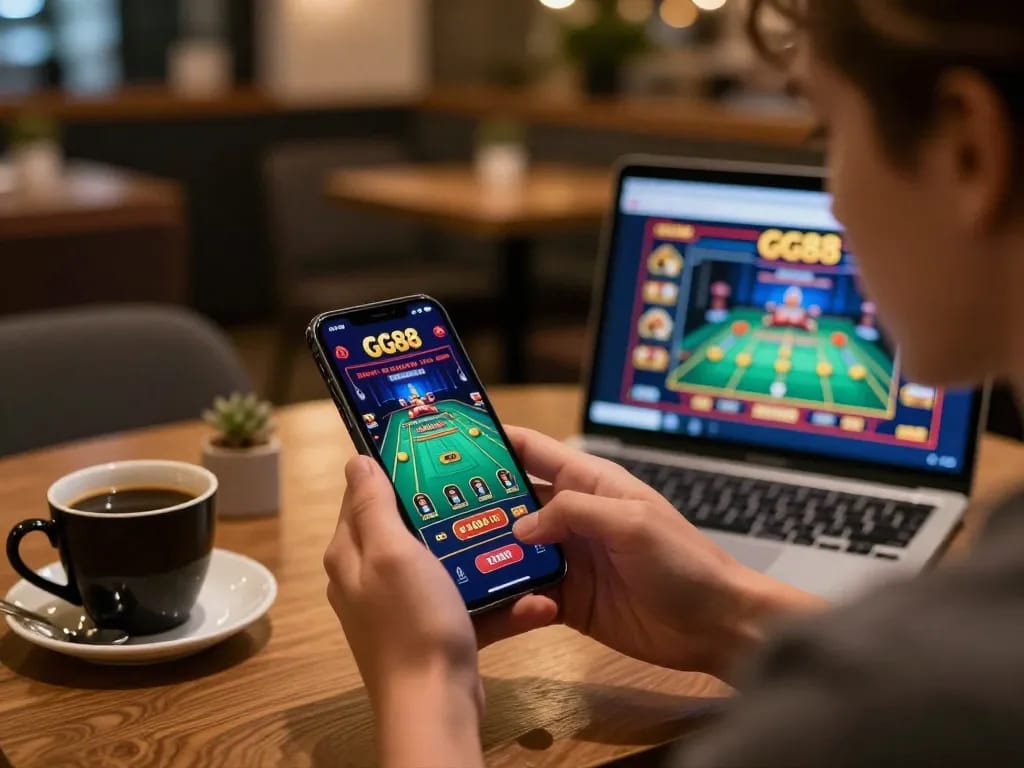 Experience the thrill of GG88 live gaming on mobile in a cozy café setting.