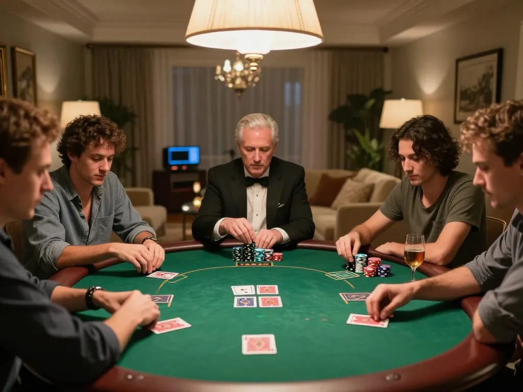 Friends enjoying a thrilling poker game at home, with mybenefitstatements on strategic betting tips, creating an engaging social atmosphere.