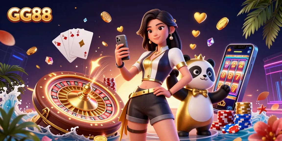 Experience thrilling gaming at GG88 with a vibrant scene of an Asian woman engaging with casino games alongside a playful panda mascot.