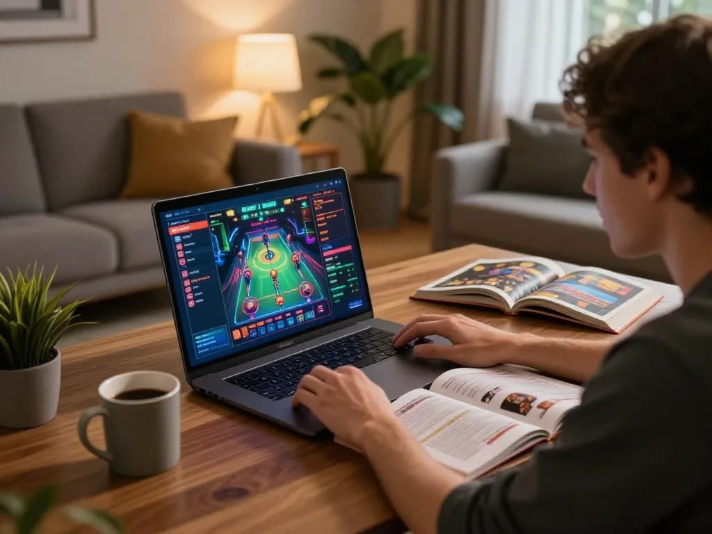 Player enjoying online casino gaming on GG88 platform, strategizing with notes and coffee