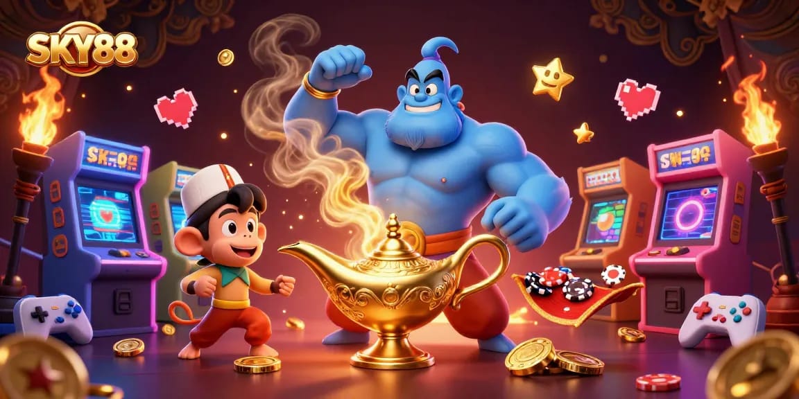Experience thrilling action at SKY88 with a magical genie, poker chips, and vibrant casino elements.