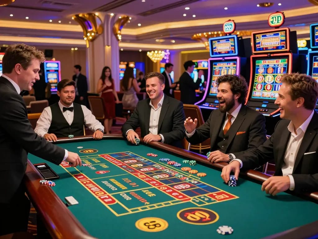 Enthusiastic players at RR88 casino enjoying roulette and slot games in a vibrant atmosphere.
