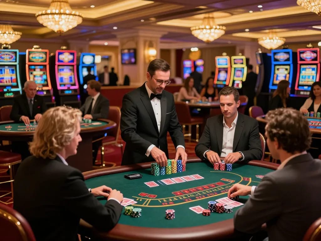 Players enjoy live blackjack at a bustling casino floor showcasing wittehomesolutions atmosphere of strategy and luxury.