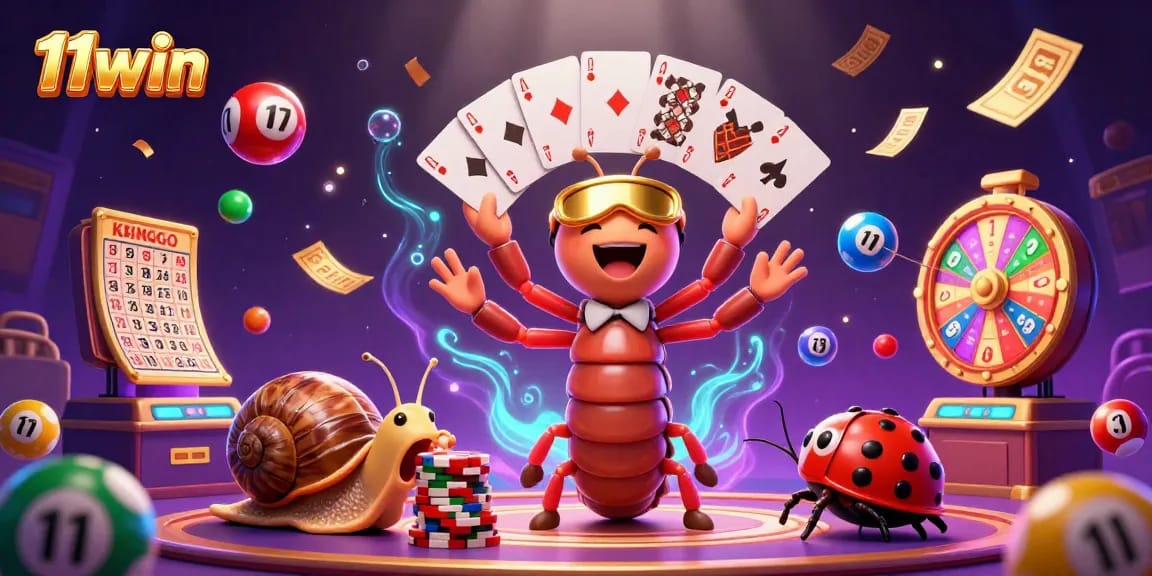 Engage with the vibrant excitement at 11win's casino featuring a cartoon millipede dealer and high-roller snail.