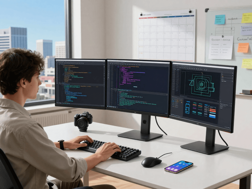 在WPS Office下载官网的现代软件开发工作空间,程序员专注于显示代码和设计的三台曲面显示器。